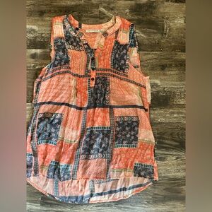 Notations Coral and Navy Patchwork Top